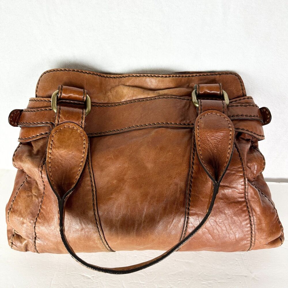 Fossil Fifty Four Vintage Leather Satchel Bag Purse Cognac Brown Y2K Key Charm - Picture 2 of 13